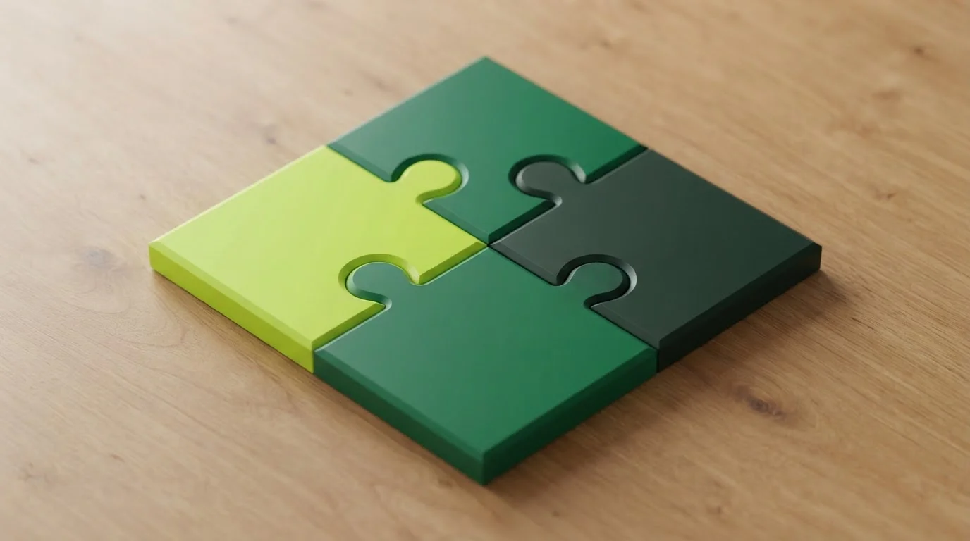 Vier Puzzleteile als quadratische Anordnung auf einer Fläche