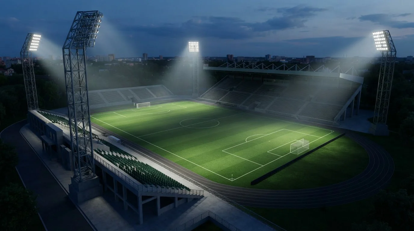 Flutlichter über einem Fußballstadion am Abend