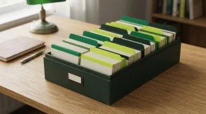 Karteikasten mit farbigen Registern auf einem Schreibtisch