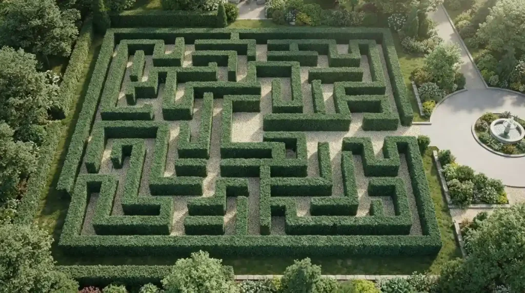 Grünes Labyrinth aus der Vogelperspektive mit einem Ausgang