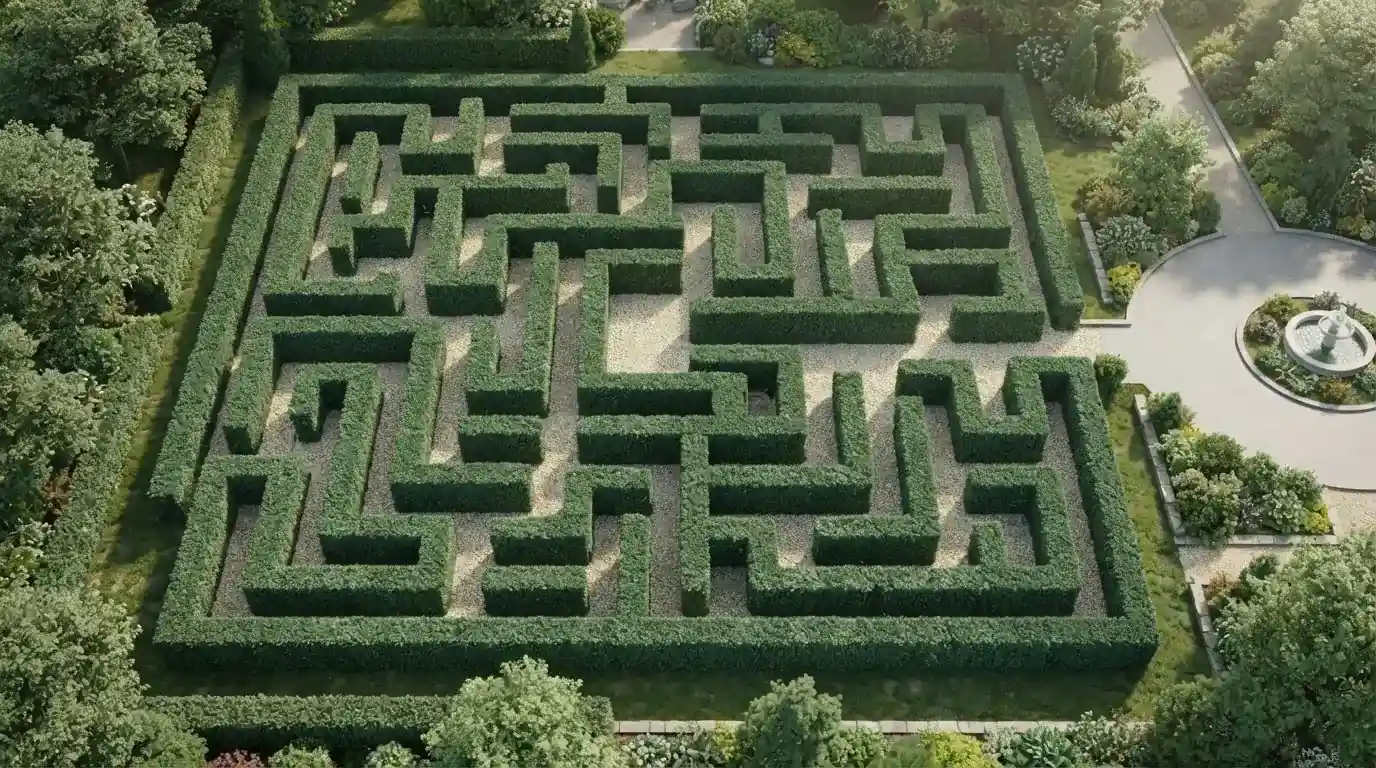 Grünes Labyrinth aus der Vogelperspektive mit einem Ausgang