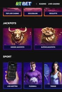 RTbet Sportwettenansicht im mobilen Browser